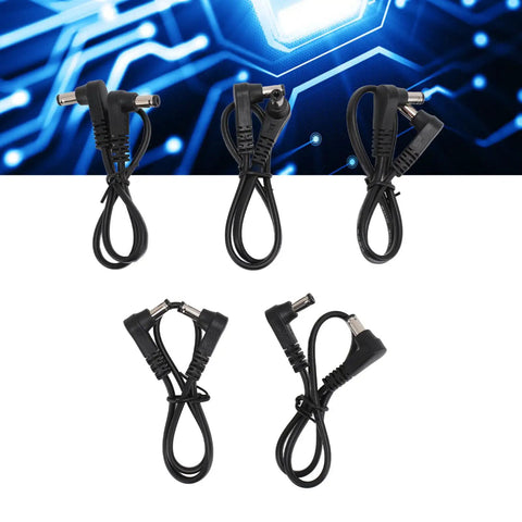 90 Degree Angled Dc Power Extension Cable Five Piece Set Male To Male 5.5Mm By 2.1Mm Connector, four black cables in various angles.