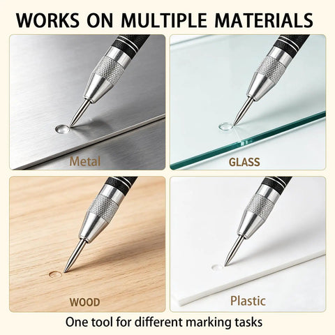 Kickass Five Inch Automatic Center Punch With Heavy Duty Rustproof Steel Body Adjustable Spring Tension And Two Extra Bits For Hella Precise Marking On Iron Or Wood In Your Project used on metal, glass, wood, and plastic surfaces.