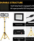 Beastly Bright 22000 Lumen LED Work Light With Adjustable Foldable Tripod Stand Waterproof 6500K Daylight features and components.