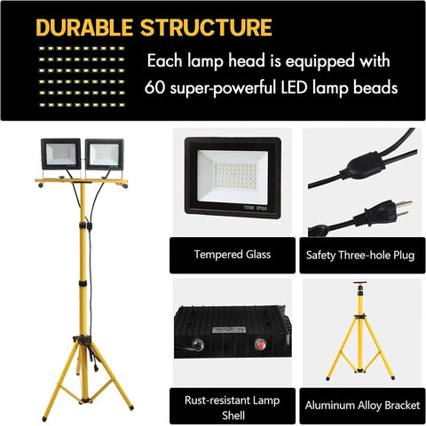 Beastly Bright 22000 Lumen LED Work Light With Adjustable Foldable Tripod Stand Waterproof 6500K Daylight features and components.
