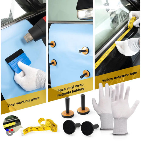 Pro Grade Car Window Tint And Vinyl Wrap Tool Kit With 1800W Heat Gun 110V showing gloves, magnet holders, and measuring tape
