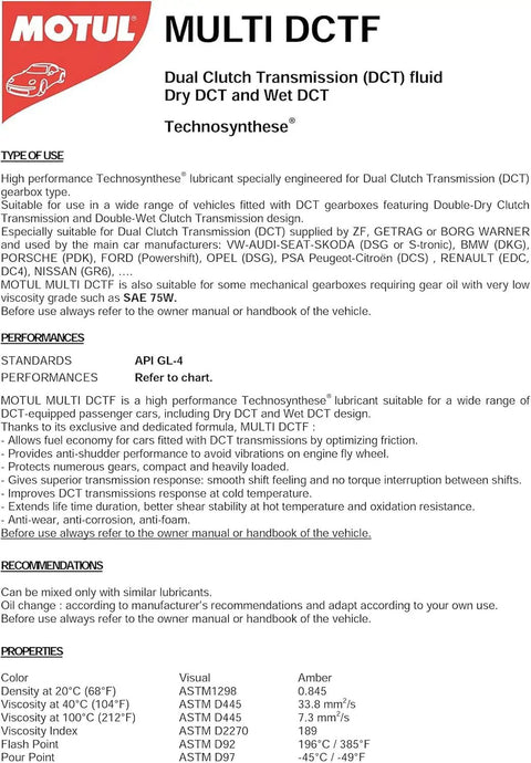 Label for Dual Clutch Transmission Fluid For Smooth No Drama Shifts In Modern DCT Gearboxes With A High Performance Synthetic Formula