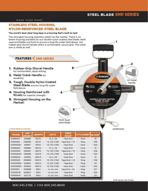Heavy-Duty Nylon Reinforced Steel Blade Tape Measure With Stainless Steel Housing, Zero Point At Tape End shown in catalog page