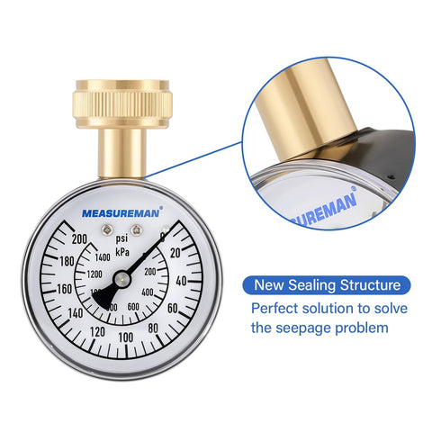 Front view of MeasureMan water pressure gauge with brass fitting and 2-1/2 in dial, 0-200 psi