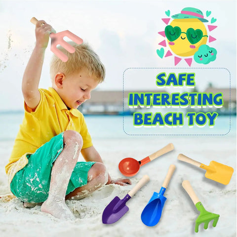 Child playing with Six Piece 8 Inch Kids Garden Tools Set With Metal Shovels And Wooden Handle For Beach Sandbox Snow Play
