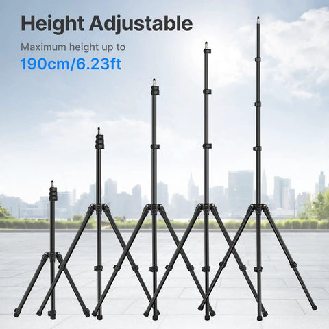 Extendable 6.23ft Aluminum Light Stand For Photography, height adjustable tripod with cityscape background.