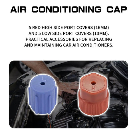 Close-up of blue and red valve caps for 10Pcs A C System Valve Cap Set for R134a Vehicles with visible car engine background.