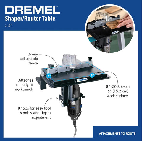 Close-up of Portable Rotary Tool Shaper And Router Table Attachment For Woodworking on bench, showing 3-way adjustable fence.