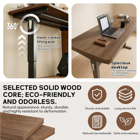 Zero Hassle Height Adjustable Standing Desk With Bulletproof Steel Frame And Chunky Desktop Built Tough For Everyday Home Office Grind And All Day Sessions showing hand-cranked lifting pole and spacious wooden desktop.