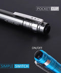 Close-up of 15-Pack LED Penlight Set With Clip, featuring durable aluminum body, simple switch, and pocket clip for easy carrying.