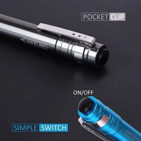 Close-up of 15-Pack LED Penlight Set With Clip, featuring durable aluminum body, simple switch, and pocket clip for easy carrying.