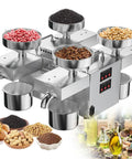 2400W Automatic Electric Oil Press Machine Hot Cold Extraction For Walnuts Peanuts Sesame Sunflower Seeds Soybeans, stainless steel with multiple seed trays.