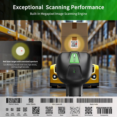 Front view of RD Series 2D QR Industrial Bluetooth Barcode Scanner With Charging Dock RD1950 in warehouse setting