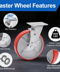 Heavy Duty 8 Inch Industrial Casters Set Of 4, 6000 Lb Rock Solid Build, Smooth Operator Brakes, Polyurethane Tires On Steel Hubs, Swivel Plate Mounts For Shop Equipment And Workbenches close-up of caster wheel features with red polyurethane tire and 360-degree rotation.