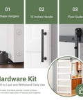 Sliding Barn Door With Frosted Glass White Finish, 30 Inch By 84 Inch, Five Lite Design, Waterproof PVC Surface, hardware kit details