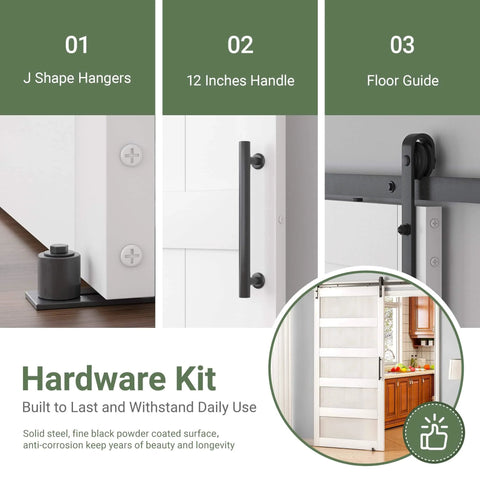 Sliding Barn Door With Frosted Glass White Finish, 30 Inch By 84 Inch, Five Lite Design, Waterproof PVC Surface, hardware kit details