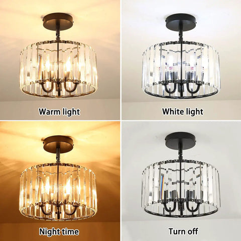 Three Light Industrial Crystal Ceiling Fixture, 13 Inch Round Semi Flush Mount With E12 Base, Black Finish in various lighting conditions