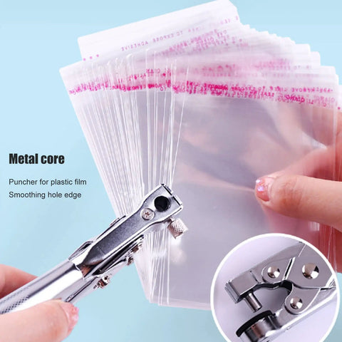 7mm Single Hole Punch For Paper Plastic Bags OPP PVC Bags Photos Cardboard Easy To Use For DIYers And Pros, shown in use