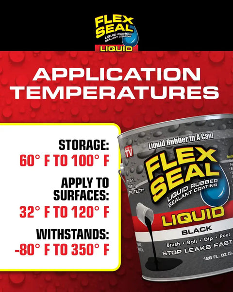 Flex Seal Liquid Rubber Sealant Coating can with application temperatures; 1 gallon for waterproof, flexible, UV-resistant protection.