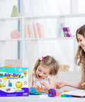 Child playing with 66 Color Modeling Clay Kit For Kids With Tools, Non Sticky Air Dry Clay, alongside a parent in a bright room.