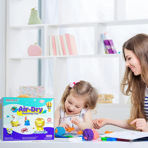Child playing with 66 Color Modeling Clay Kit For Kids With Tools, Non Sticky Air Dry Clay, alongside a parent in a bright room.