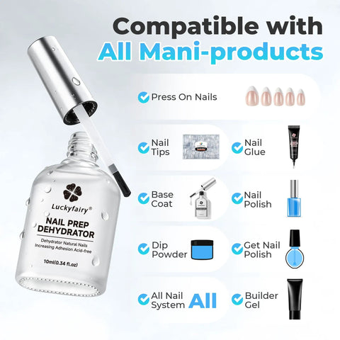 Oil Free Nail Prep Dehydrator for Press Ons Gel Polish Acrylic or Natural Nails with compatible products listed