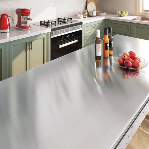 Kitchen countertop covered with Brushed Nickel Peel And Stick Stainless Steel Contact Paper For Appliances And Cabinets Kitchen DIY Wrap Cover Adhesive Decorative Film 15.8 X 78.8 Inch Removable Waterproof Oil Proof Scratch Resistant No Mess Easy To Install.