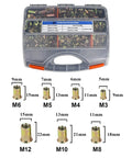 860 Piece Metric Rivet Nuts Kit With Case M3 To M12 Nutserts In Carbon Steel Zinc Plated Flat Head Heavy Duty Rivnut Set For Auto Shop, Metalworking, And DIY Projects with sizes M3 to M12 shown above a labeled storage case