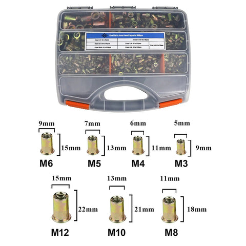 860 Piece Metric Rivet Nuts Kit With Case M3 To M12 Nutserts In Carbon Steel Zinc Plated Flat Head Heavy Duty Rivnut Set For Auto Shop, Metalworking, And DIY Projects with sizes M3 to M12 shown above a labeled storage case