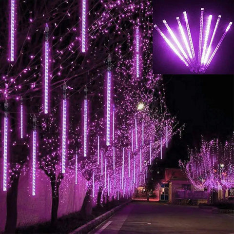 Meteor Shower Rain Lights 192 LED Icicle Strings, 8 Tubes Purple Outdoor Christmas Lights decorating trees at night; falling snow effect
