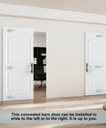Ready To Paint White Primer Raised Two Panel Sliding Barn Door With Hella Smooth Soft Close Hardware Top Pick For Dropping Into Any Rustic Loft Or Urban Studio Upgrade, shown from a front angle in a modern interior.