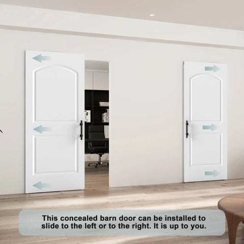 Ready To Paint White Primer Raised Two Panel Sliding Barn Door With Hella Smooth Soft Close Hardware Top Pick For Dropping Into Any Rustic Loft Or Urban Studio Upgrade, shown from a front angle in a modern interior.