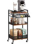 Heavy Duty 5 Tier Floor Standing Coffee Cart With Spacious Pod Storage Organizer For Kitchen Bar Station, black frame, espresso machine, and wooden shelves.