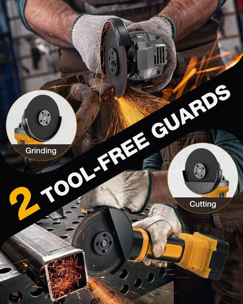 Tough As Nails Five Inch Cordless Angle Grinder Built For 20 Volt Battery Packs with dual guards for grinding and cutting.