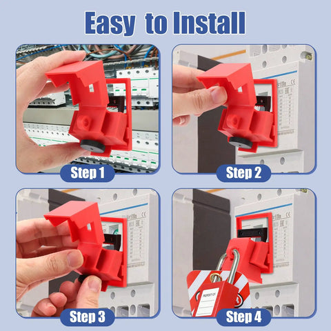 Steps to install 12 Pack Clamp On Circuit Breaker Lockout Device For LOTO Safety, OSHA Compliant, Single Pole Lockout With Durable Nylon, Fits 16.5mm to 70mm Breakers, Red
