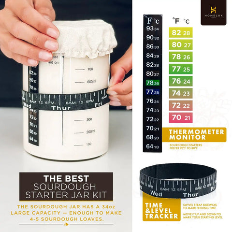Ultimate Sourdough Starter Kit With Banneton Proofing Baskets 14 Piece Bread Making Set showing glass starter jar with tracker belt and thermometer guide.