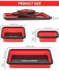 TOOLEAGUE three-piece collapsible magnetic silicone parts tray set in red with black rims; largest tray shows logo.