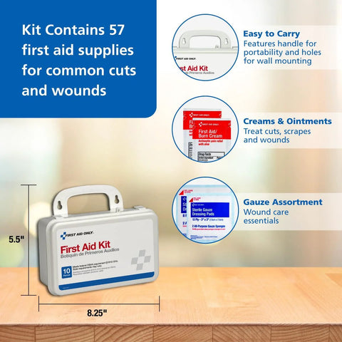 Front view of First Aid Only 6060 10-person emergency first aid kit in white plastic case with handle.