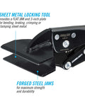Close-up of Eight Inch Sheet Metal Locking Pliers Model 108 8 with Flat Jaw for bending, crimping, and clamping in tight spaces.