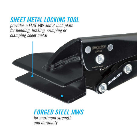 Close-up of Eight Inch Sheet Metal Locking Pliers Model 108 8 with Flat Jaw for bending, crimping, and clamping in tight spaces.