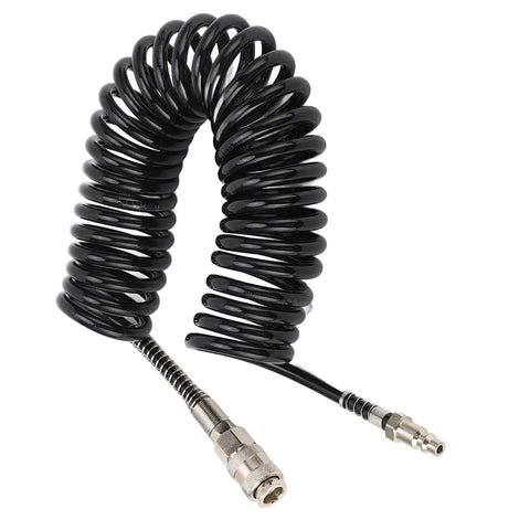 Premium Flexible Lightweight Coiled Air Hose With Fast Quick Connect For Tire Inflator Pump Dust Blowing Tools 6 Meters 19 Point 7 Feet Long Real Deal Quality For Car Garage Motorcycle Jobs Beast Mode Power Easy Storage Solutions Included, black coiled hose with metal quick-connect fittings