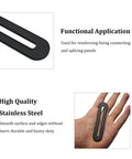 Upgrade Your Woodwork Game With These Hella Sturdy Adjustable Flat Mending Plates Featuring Slotted Black Stainless Steel Straight Brace Brackets For Reliable Furniture Repair Including All Mounting Screws, showing black stainless steel brace in hand.