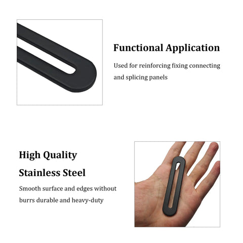 Upgrade Your Woodwork Game With These Hella Sturdy Adjustable Flat Mending Plates Featuring Slotted Black Stainless Steel Straight Brace Brackets For Reliable Furniture Repair Including All Mounting Screws, showing black stainless steel brace in hand.