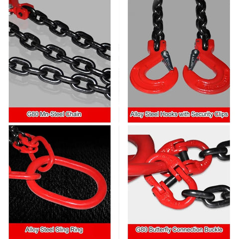 Heavy Duty Four Strand Lifting Chain Sling With Industrial Hoist Chain And Secure Locking Hook Constructed From Solid Cast Steel Rings showing G80 Mn-Steel chain and alloy steel hooks