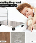 Child sleeping next to heavy duty 2 inch swivel caster wheels with five sixteenth inch threaded mount 330 lb capacity quiet PU dual locking castors with brakes, shown with various floor types.