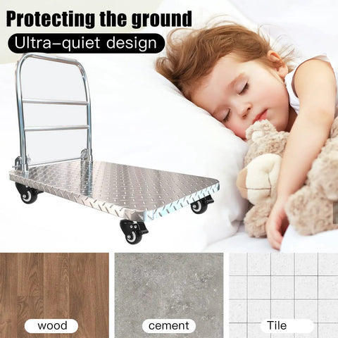 Child sleeping next to heavy duty 2 inch swivel caster wheels with five sixteenth inch threaded mount 330 lb capacity quiet PU dual locking castors with brakes, shown with various floor types.