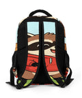 Back view of Cheerful Meadow Raccoon Print Unisex Daypack with large capacity for school and travel, durable polyester, and breathable straps.