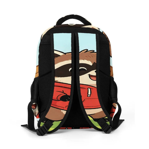 Back view of Cheerful Meadow Raccoon Print Unisex Daypack with large capacity for school and travel, durable polyester, and breathable straps.