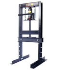 Heavy Duty 6 Ton Hydraulic H Frame Shop Press With Adjustable Height And Pressure Relief Valve For Grease Monkey Bearing Pull Auto Repair And Sheet Metal Work side view of a robust black hydraulic shop press.