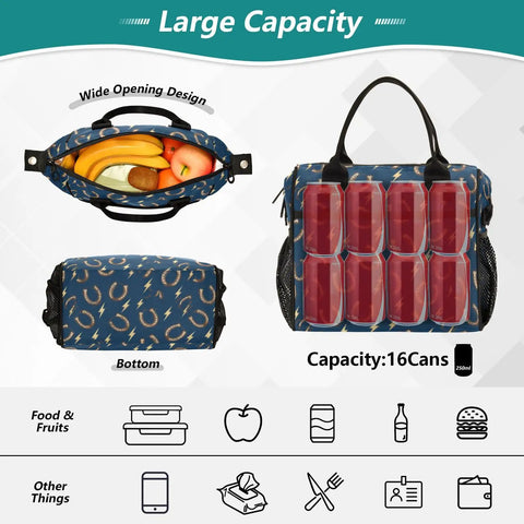 Horseshoe Insulated Lunch Box With Lightning Bolt Design, Keeps Meals Fresh On The Go, Durable Nylon Exterior With Pearl Cotton Insulation, Spacious Small Or Medium Size For Work Or School, Easy To Clean And Carry All Day, wide-opening navy bag